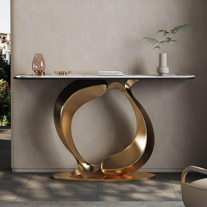 别墅客厅轻奢入户玄关不锈钢一体靠墙条案北欧现代简约岩板玄关桌