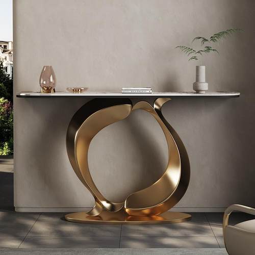 别墅客厅轻奢入户玄关不锈钢一体靠墙条案北欧现代简约岩板玄关桌