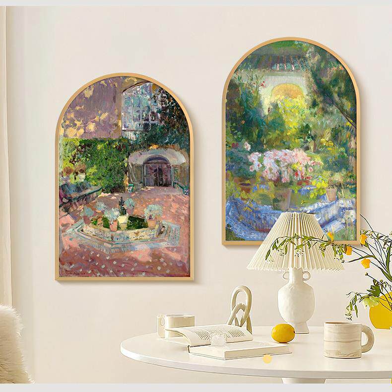 现代法式客厅装饰画美式复古壁画玄关拱形金属挂画北欧餐厅风景油
