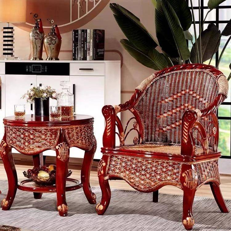 阳台实木真藤编休闲桌椅组合家用藤椅茶几三件套单人会客靠背椅子