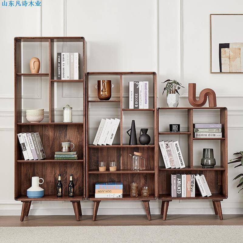 北欧黑胡桃木书架博古架全实木置物架客厅现代简约轻奢型落地书架