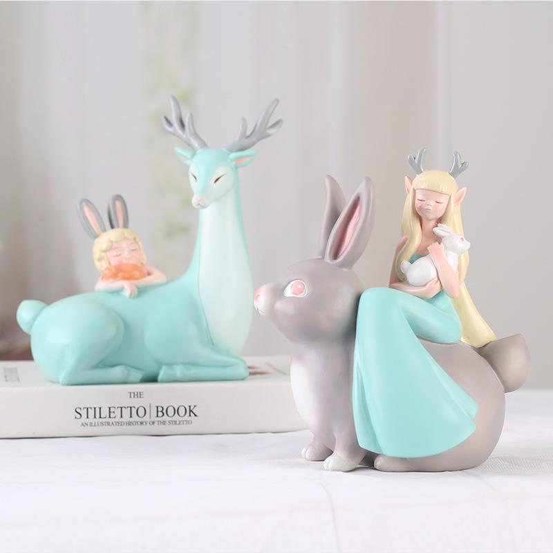 如果工厂创意客厅小鹿装饰品卡通树脂工艺品玄关桌面书柜摆件