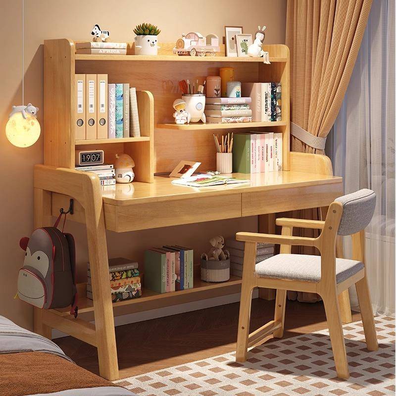 实木书桌儿童学习桌可升降简约现代家用卧室写字桌椅组合书架一体