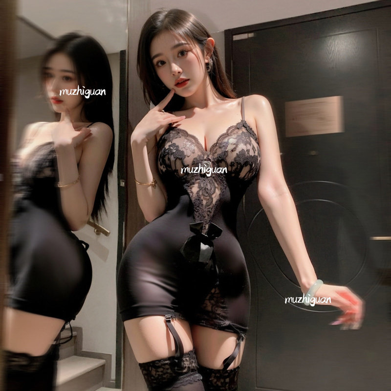 慕织馆：纯欲透视蕾丝拼接吊带包臀裙性感诱惑免脱性情内衣套装