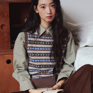 复古费尔岛撞色针织马甲 暖炉与咖啡