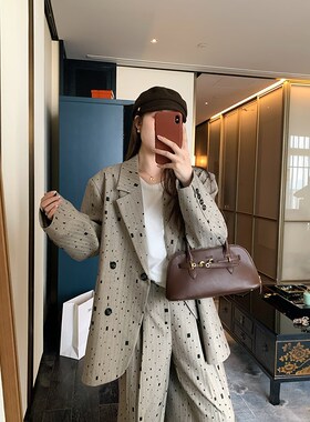 NAZ那子大码秋季新款设计感百搭显瘦西装外套胖mm直筒女长裤套装