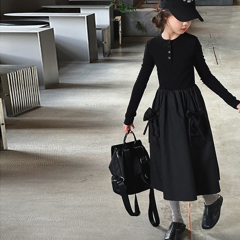 女童连衣裙春秋2024新款儿童中大童黑色显瘦打底长袖纯棉气质裙子