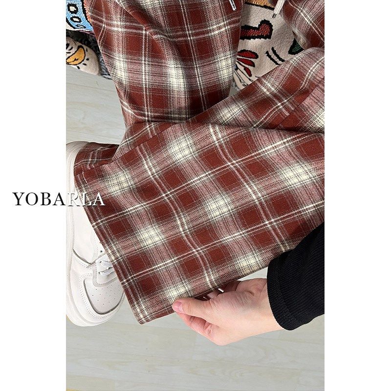 红色格子休闲裤女春秋高腰胖mm大码宽松梨形身材显瘦直筒阔腿裤子