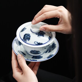 青花百财三才盖碗茶杯大容量家用创意中式 高端陶瓷功夫茶具泡茶碗