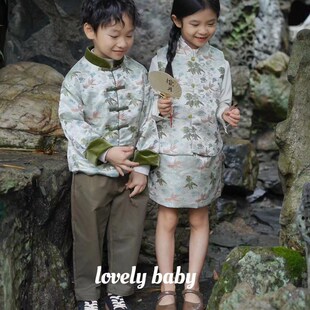 姐弟装-年年有余春秋新中式国风对襟提花马甲男童套装女童半身裙