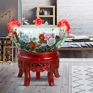 景德镇陶瓷荷花缸金鱼缸乌龟缸流水鱼池家居造景喷泉景观装饰摆件