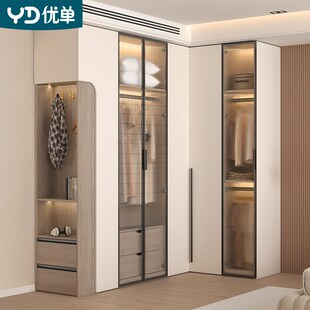 轻奢L型拐角衣帽间带玻璃主卧衣柜家用90度转角大衣柜A50 意式