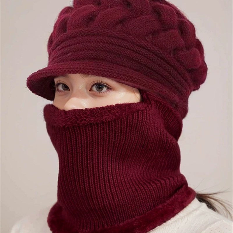 帽子女冬季加绒保暖中老年人奶奶妈妈骑车防风围脖针织毛线连身帽