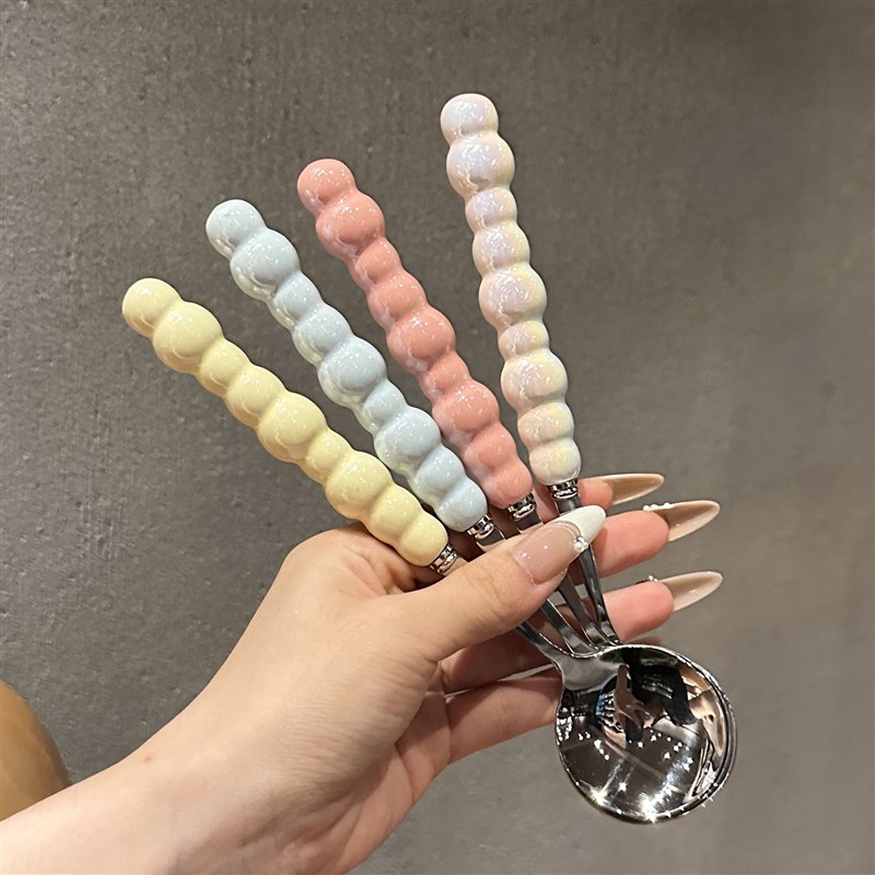 超级漂亮的圆头勺!304不锈钢喝汤勺主餐勺陶瓷手柄勺子调羹餐具