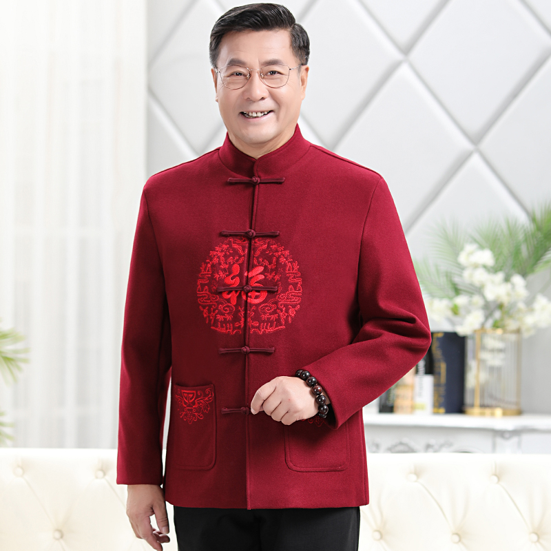 中老年爷爷奶奶过寿生日礼服老人衣服羊毛呢外套唐装男秋冬情侣装
