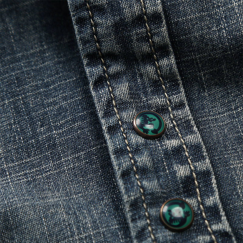 卡威酷潮男春秋装新款肩章牛仔衬衫做旧男士长袖休闲衬衣外套上衣
