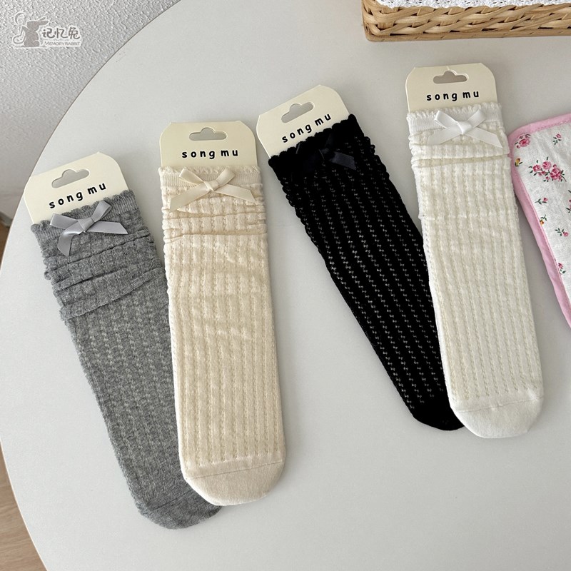 lolita蝴蝶结镂空袜子女夏季薄款中筒芭蕾风甜妹木耳边堆堆棉长袜