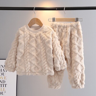 秋冬新款法兰绒儿童睡衣套装男童女孩宝宝中小童套头家居服加厚款