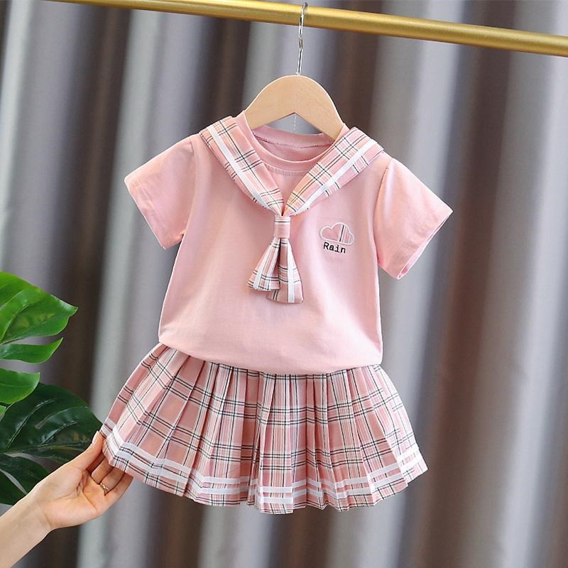 女童套装夏季2025新款学院风儿童jk制服女宝宝网红短袖短裙两件套