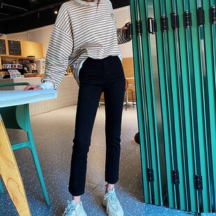 不掉色黑色直筒牛仔裤女高腰弹力显瘦烟管裤小个子九分加绒秋冬软