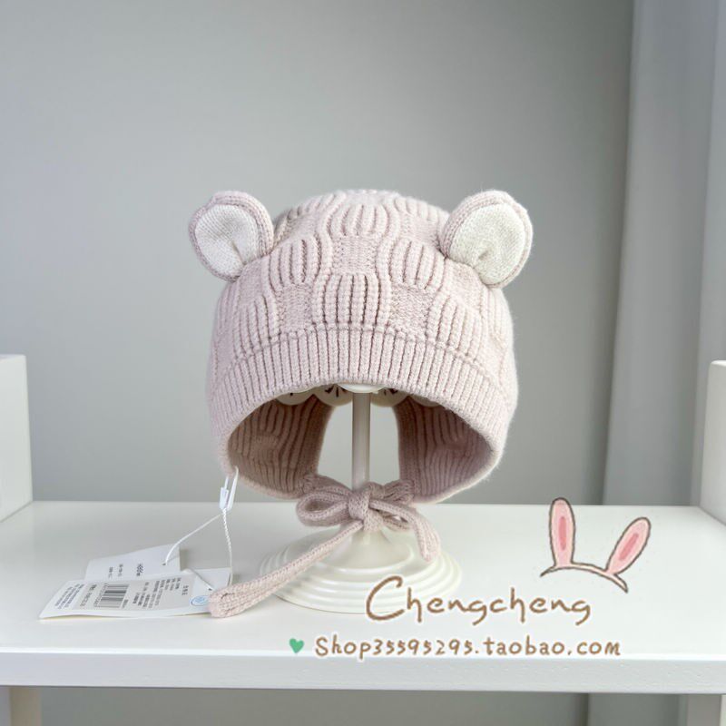 包邮秋冬新男女宝宝婴儿童贺儿单层田字格熊耳朵可爱护耳毛线帽子