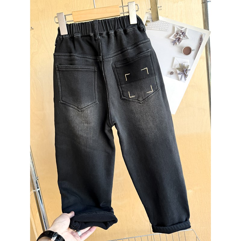 男童加绒牛仔裤冬季2024新款中大童加厚黑色休闲裤儿童一体绒长裤