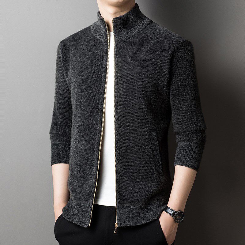 秋冬季雪尼尔加绒加厚半高立领拉链毛衣男士开衫保暖针织衫外套潮