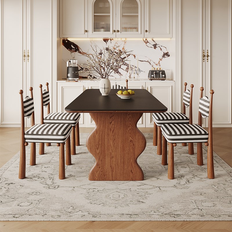 大司马 法式复古白蜡木实木小户型家用长方形黑色岩板餐桌椅