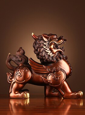 铜麒麟摆件一对客厅玄关装饰品纯铜瑞兽办公桌家居工艺品摆设