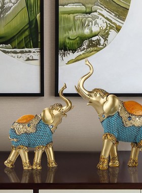 欧式创意情侣大象摆件一对家居客厅摆设电视柜玄关手工彩绘装饰品