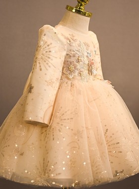 儿童轻奢礼服女宝宝一周岁生日洋气高端花童婚礼女童公主裙蓬蓬纱