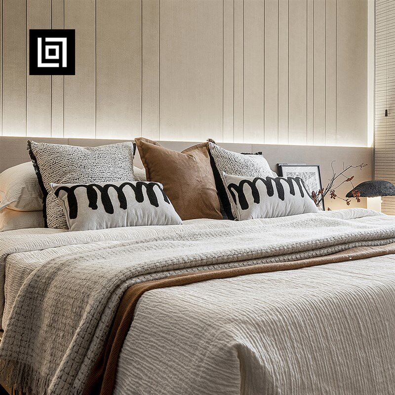 新中式侘寂风高端展厅样板间床品轻奢橘橙软装样板房床上用品抱枕