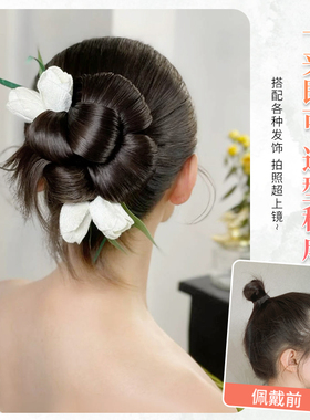 新中式花朵盘发丸子头假发女发包走秀婚纱新娘晨袍造型假发长辫子