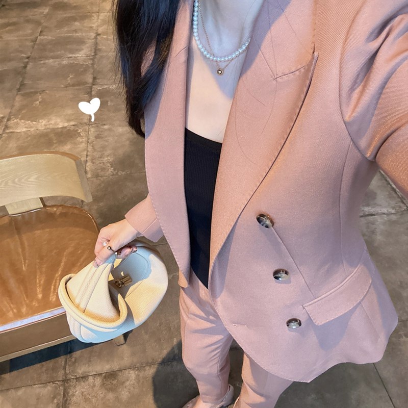 春秋新款干枯玫瑰色职业西装两件套装高级感女装西服九分裤小个子