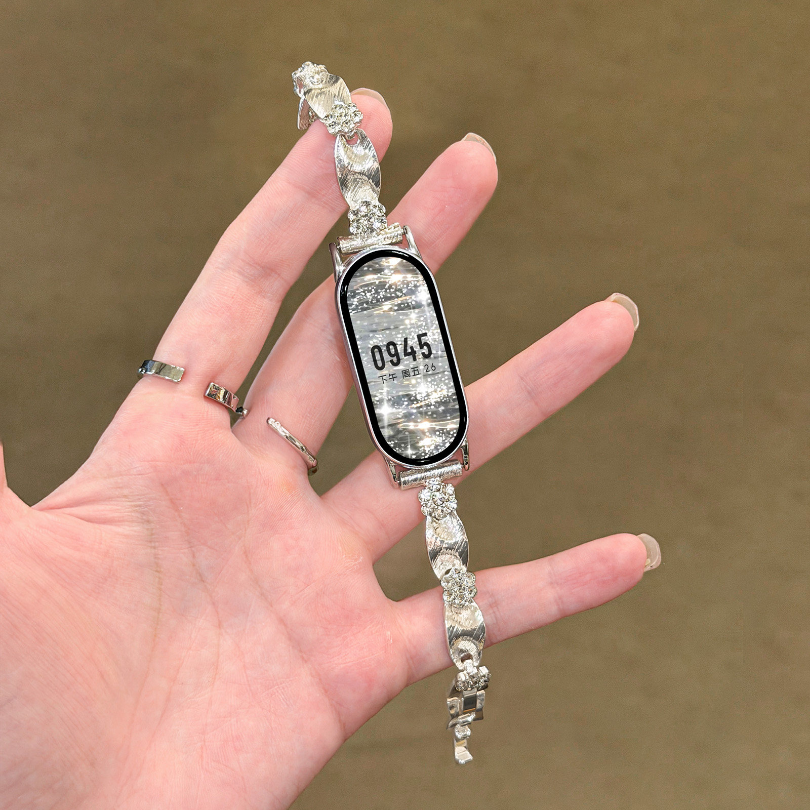 适用小米手环闪钻花朵金属表带女