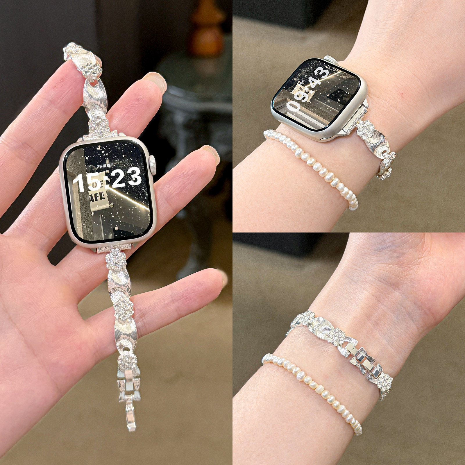 适用各智能手表丝绸花朵金属表带