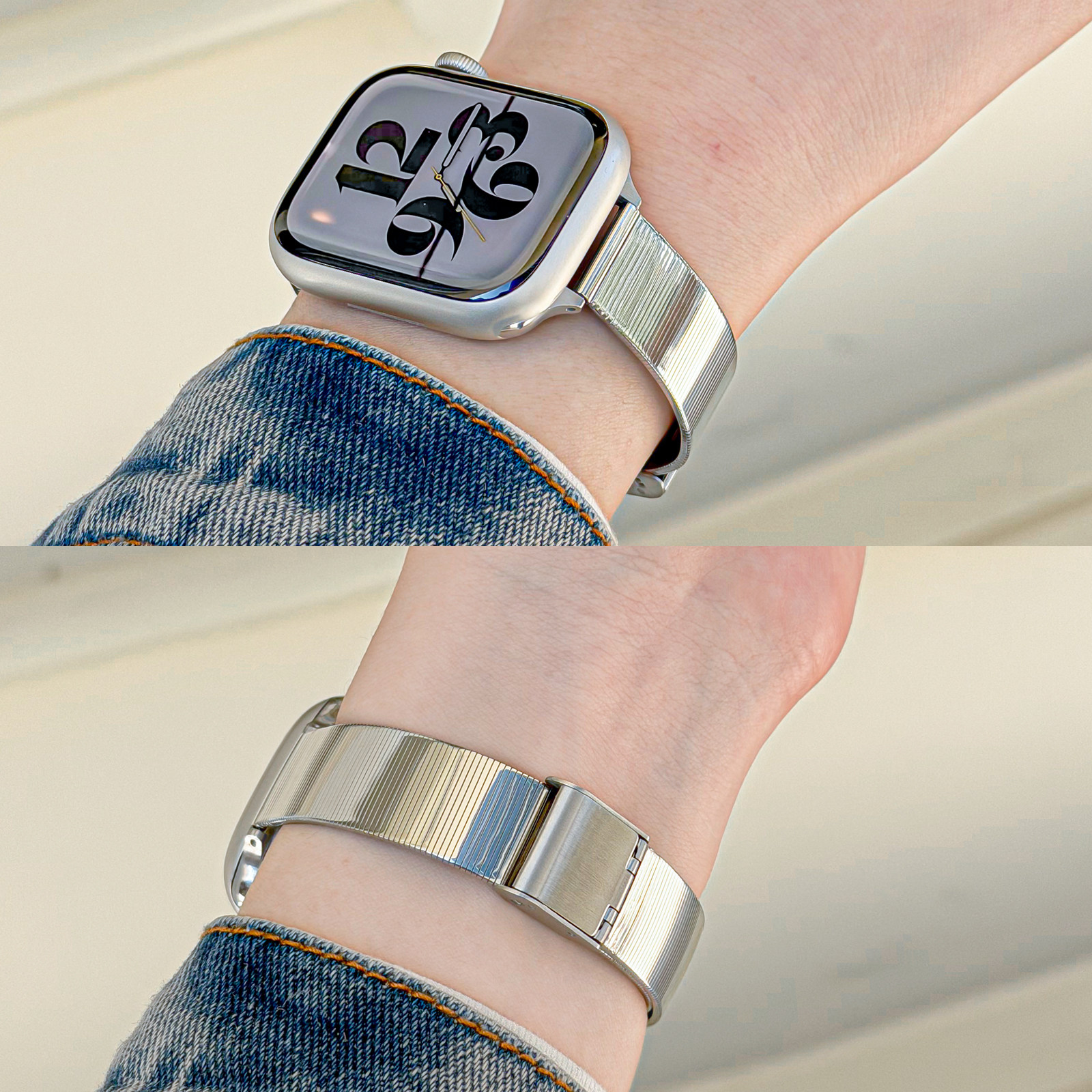 【猫眼镜面竹节】适用applewatchS11/10代不锈钢表带iwatch9/8/7/SE苹果手表亮面淑女小蛮腰金属卡扣替换腕带