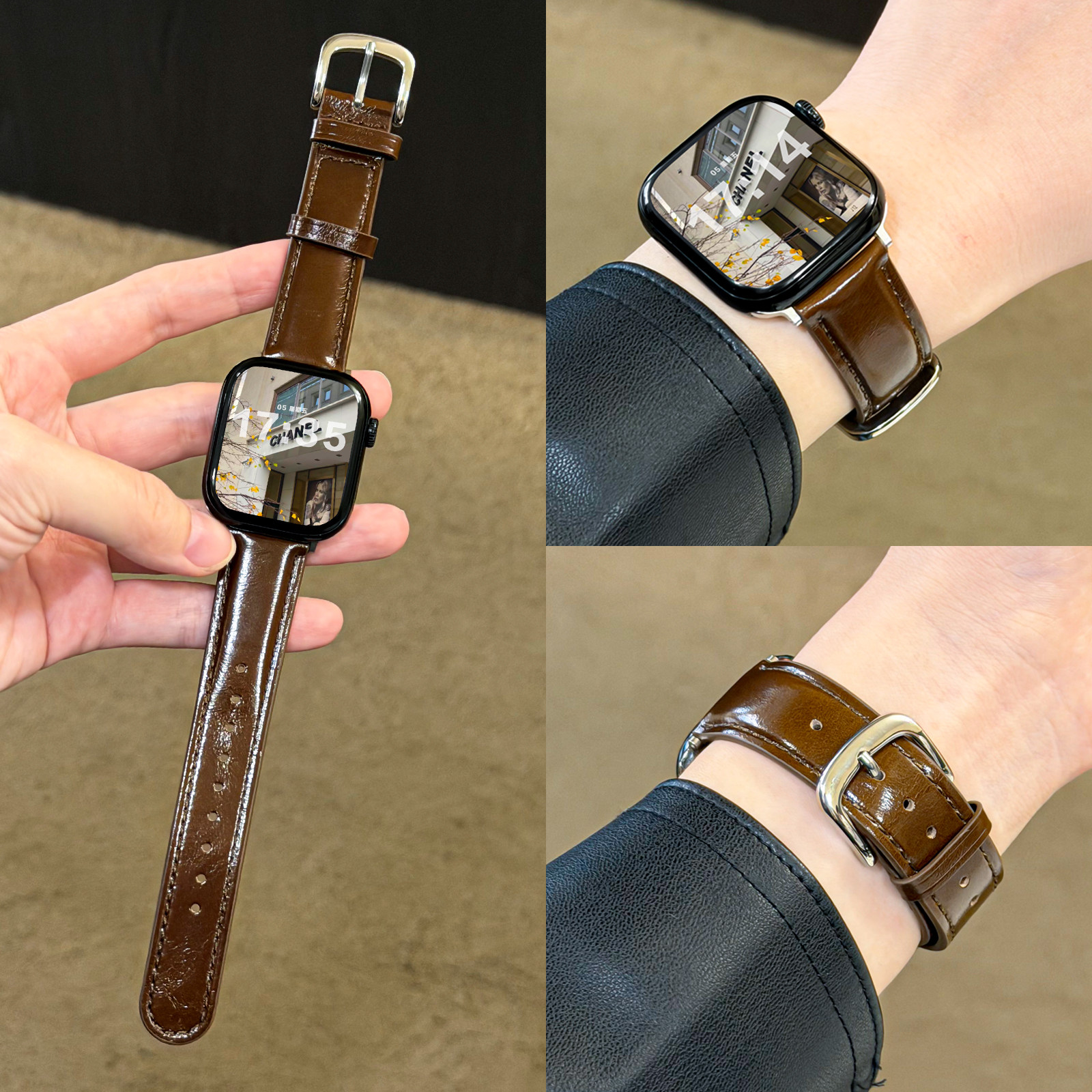 适用iwatch质感油蜡小牛皮女表带