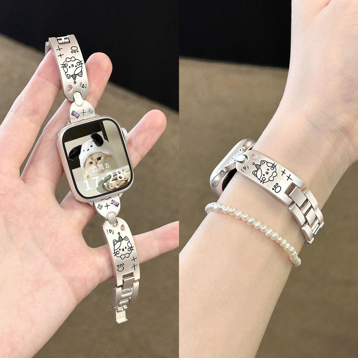 适用iWatch水钻礼帽猫咪手镯表带
