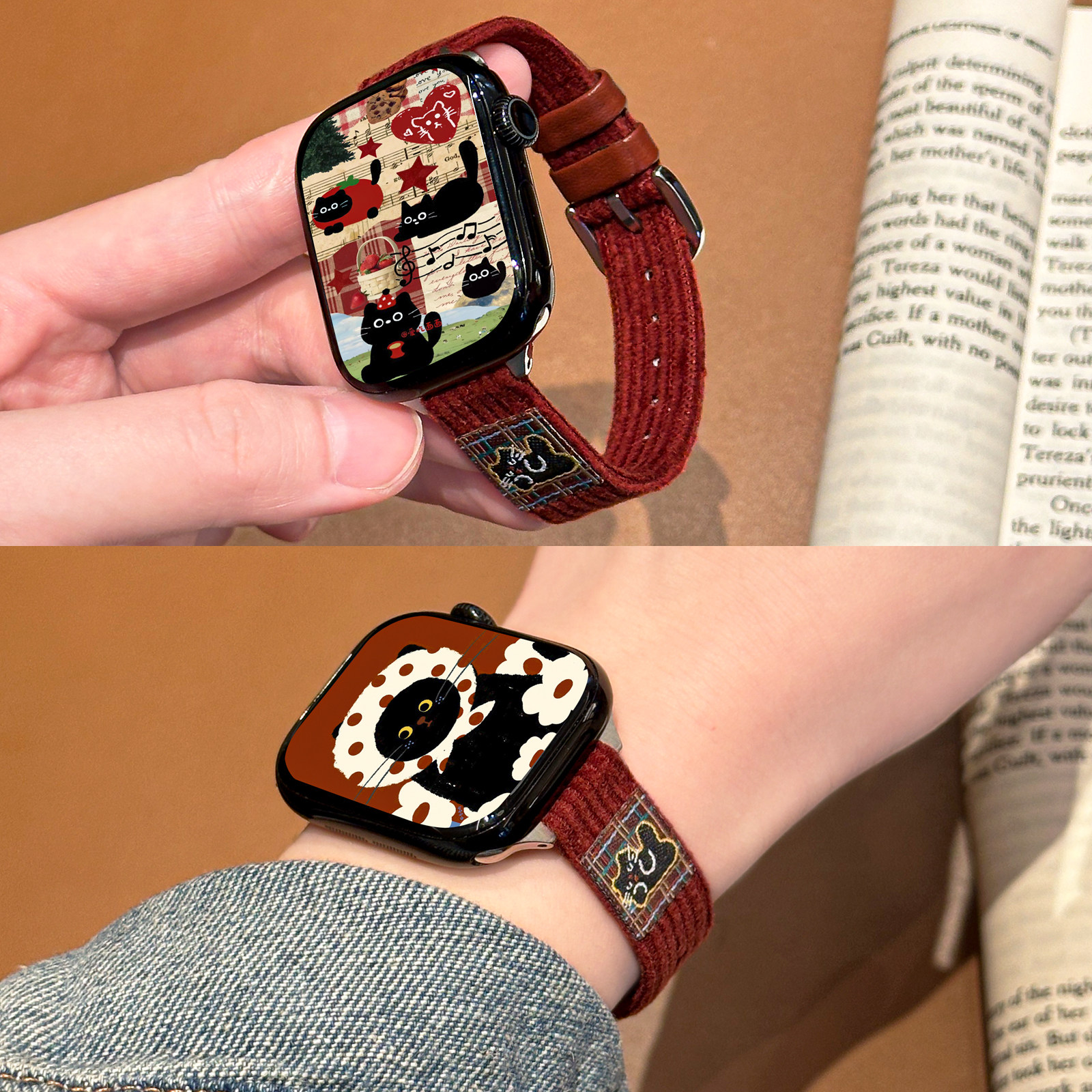 适用iWatch卡通灯芯绒细皮质表带
