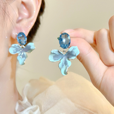 纯银耳钉蓝色花形夏天蓝色大花