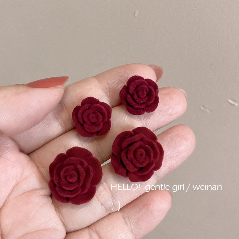 纯银耳钉复古凡尔赛玫瑰法式秋冬酒红植绒花朵925银钉耳环饰品,饰品/流行首饰/时尚饰品新,耳钉,淘宝优惠券,粉丝福利购,淘宝优惠卷