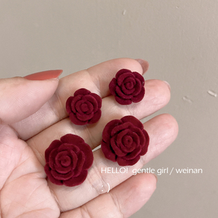 纯银耳钉复古凡尔赛玫瑰法式秋冬酒红植绒花朵925银钉耳环饰品