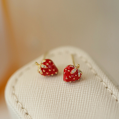 无耳洞纯银耳钉甜美红色草莓新款