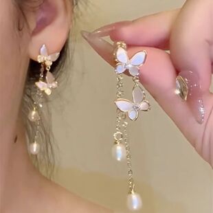 纯银耳钉珍珠耳环女蝴蝶长款耳坠小众高级感轻奢耳饰ins小众温柔