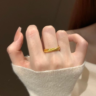 复古戒指交叉双环拉丝女款 黄金色高级感流金岁月素圈食指戒指环