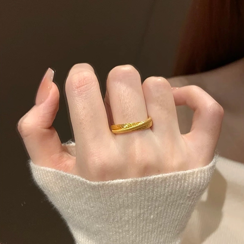 复古戒指交叉双环拉丝女款黄金色