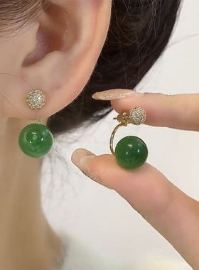 纯银耳钉绿色前后戴圆珠耳环轻奢高级感小众气质耳饰2025新款爆款