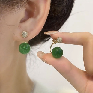 纯银耳钉绿色前后戴圆珠耳环轻奢高级感小众气质耳饰2025新款爆款