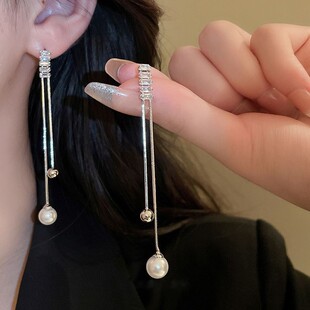 纯银耳钉银针锆石珍珠长款流苏耳环韩系ins高级感耳坠小众冷淡风